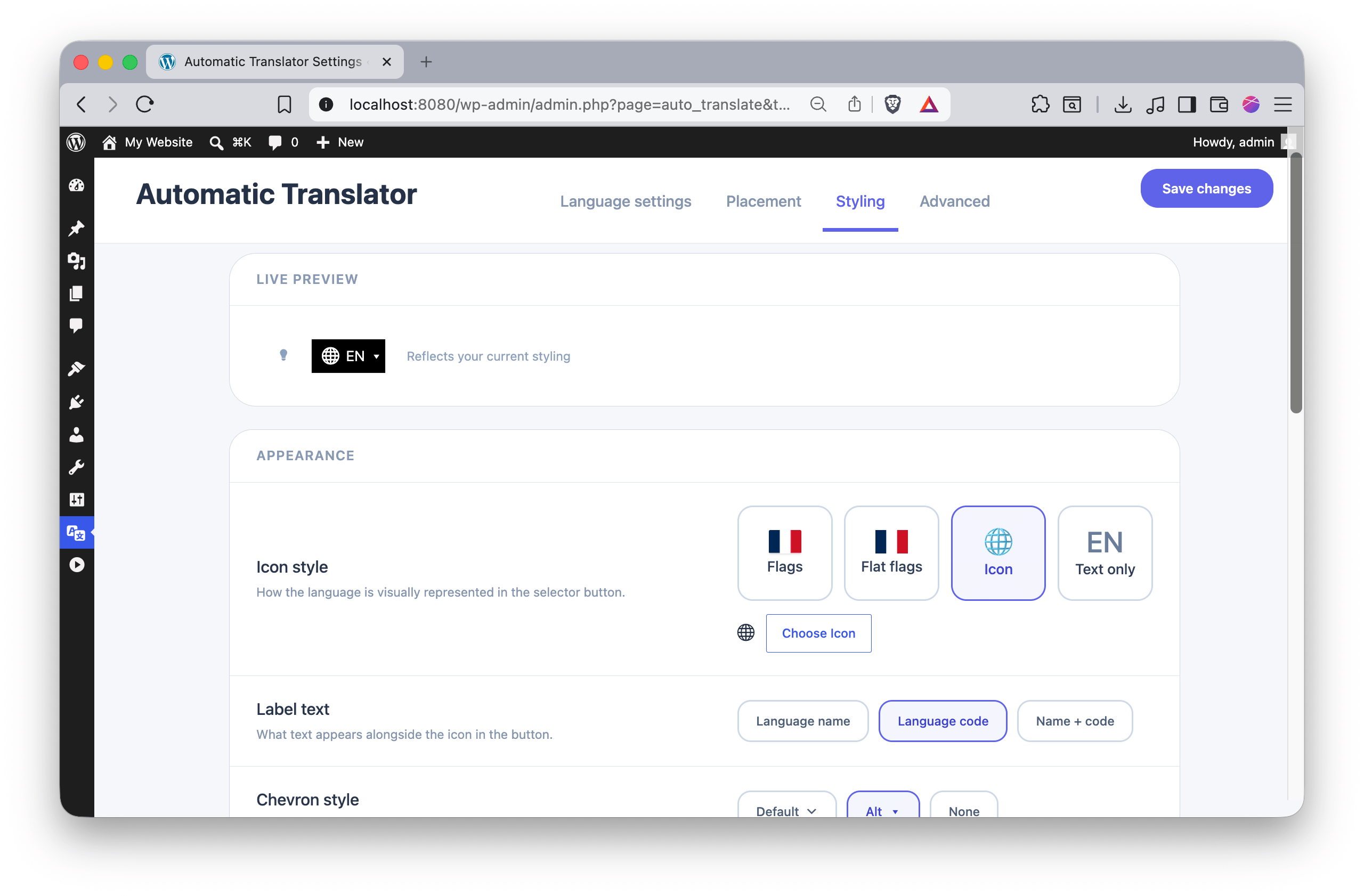 Automatic Translator styling settings with selector preview and appearance controls