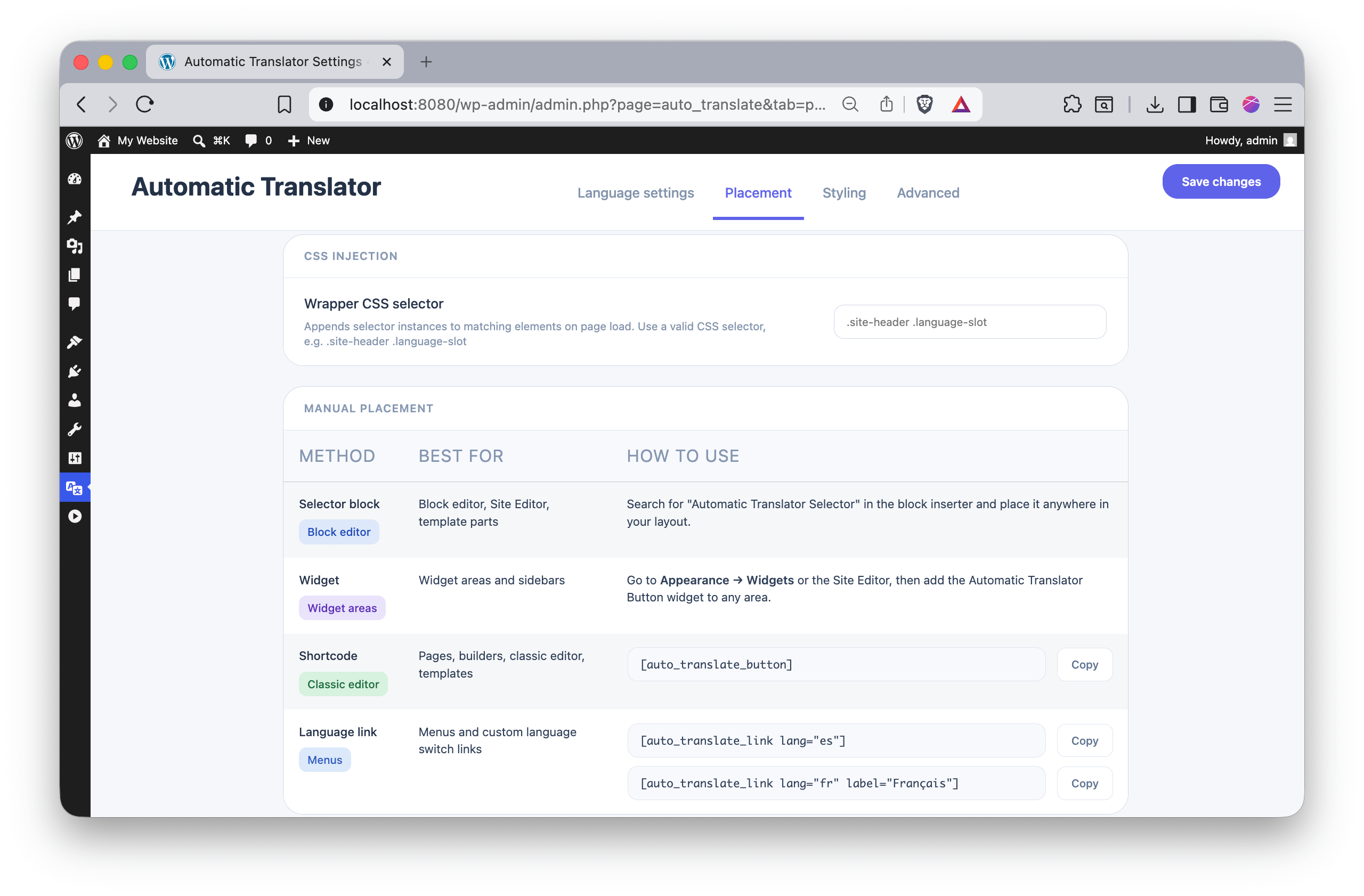 Automatic Translator manual placement instructions with shortcode and block guidance