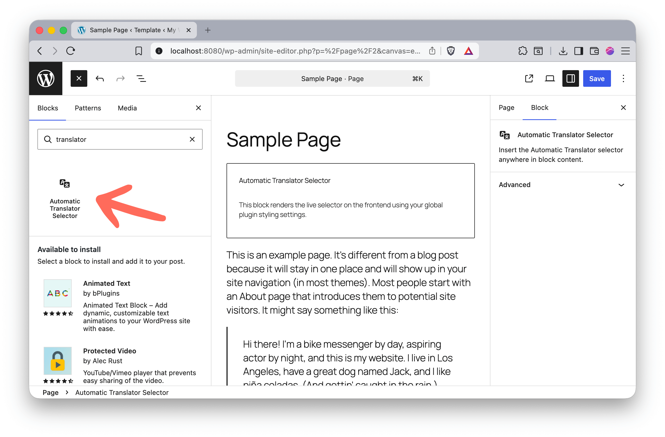 Automatic Translator selector block in the WordPress block editor
