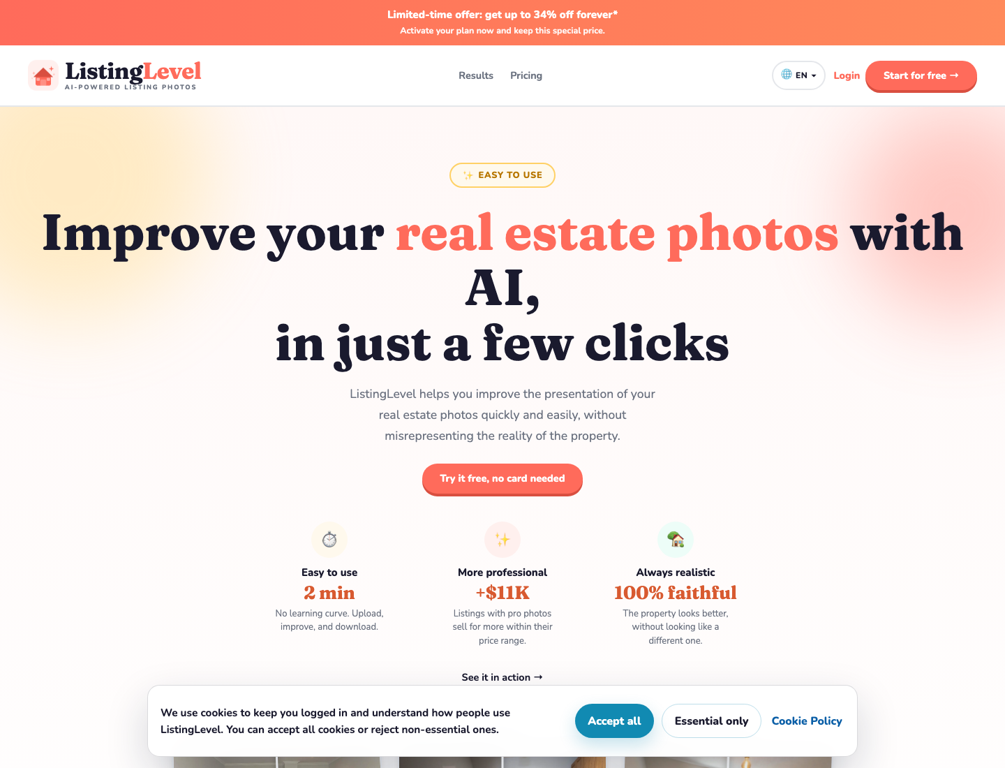 Screenshot of the ListingLevel real estate photo enhancement website